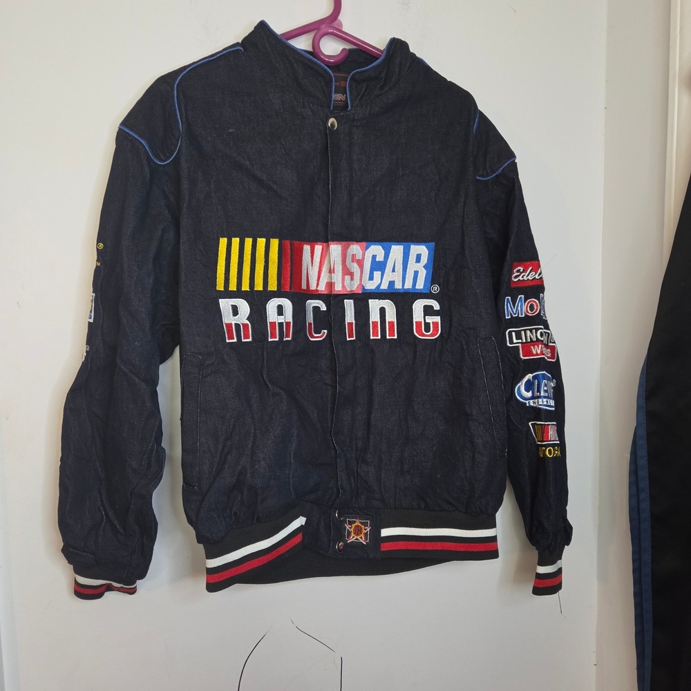 JH Design NASCAR Racing Denim Jacket Dark Blue Embroidered Bomber Mens Large